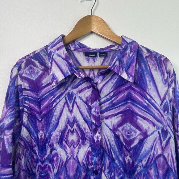 Basic Editions Purple Button Front Women’s 2X Geometric Print Lightweight Top - Picture 2 of 11